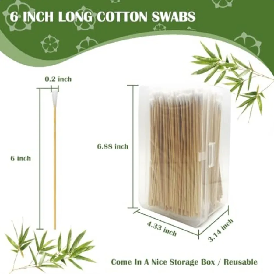 6 inch Long Cotton Swabs in Storage Box 500PCSBamboo Sticks Highly Absorbent Tipped Applicators for Makeup Gun Cleaning Pet Car