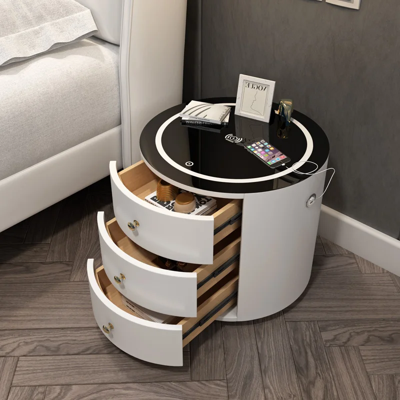 Nordic Multifunctional Nightstands Modern Round Cute Smart Bedside Table With Wireless Charger Lock Nachttisch Home Furniture