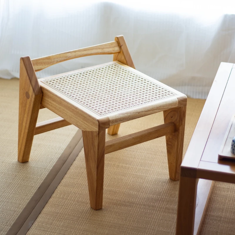

Rattan & Solid Wood Small Stool, Entryway Mortise Shoe Bench, Living Room Sofa Stool, Wabi-Sabi Breathable Low Stool