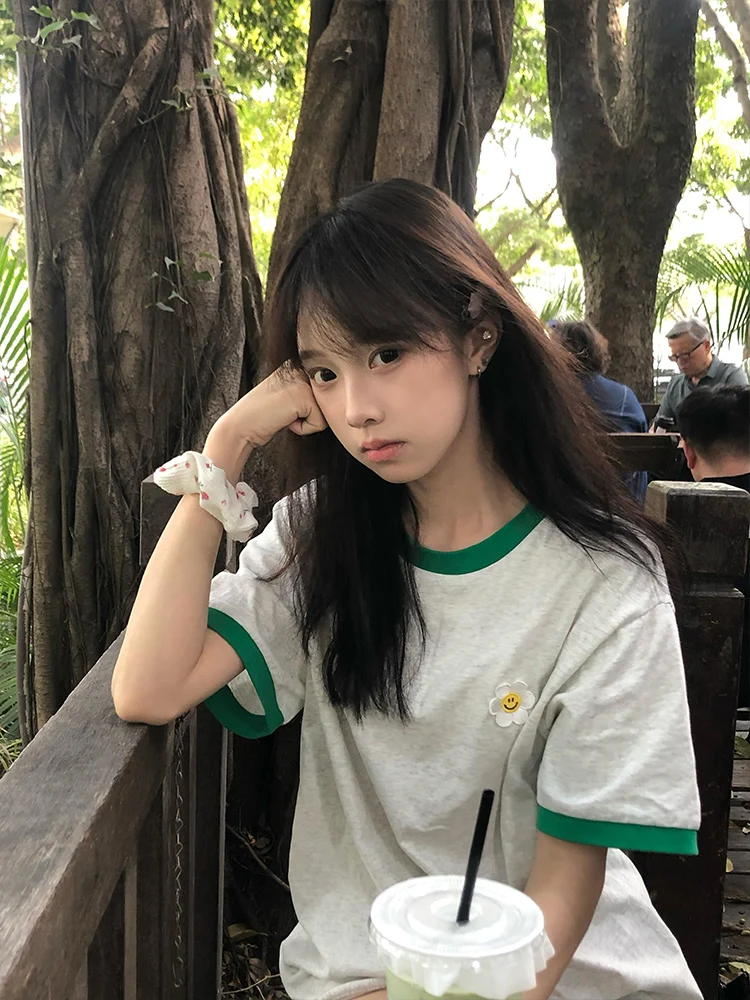 Daisy Embroidery Color Blo Pure Cotton ort Sve Women's T-irt Summer New Loose Slimming Versatile Lazy Top