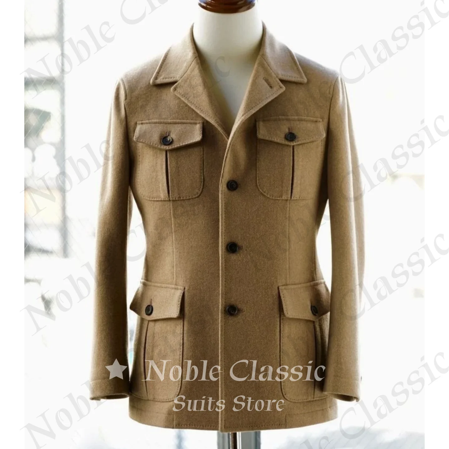 Men Camel Wool Safari Jacket Notched Lapel Four Flap Pockets Single Breasted Button Front Tailored Sport Coat Groom Customized