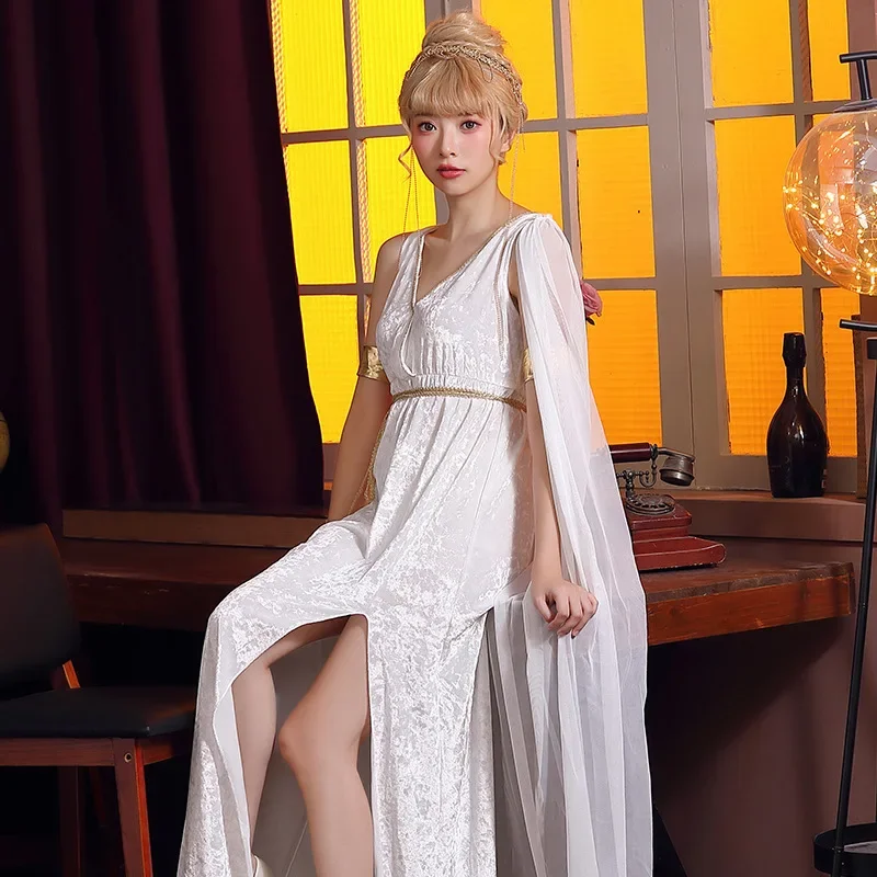 White Velvet Deep V Split Dress Greek Goddess Cosplay Costume Goddess Elegant Irregular Dress Costumes Party