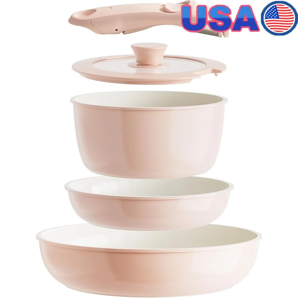 

Non-Toxic Ceramic Cookware Set Removable Handle Stackable Pots and Pans Oven Safe Non-Stick Durable Kitchen Cooking Set