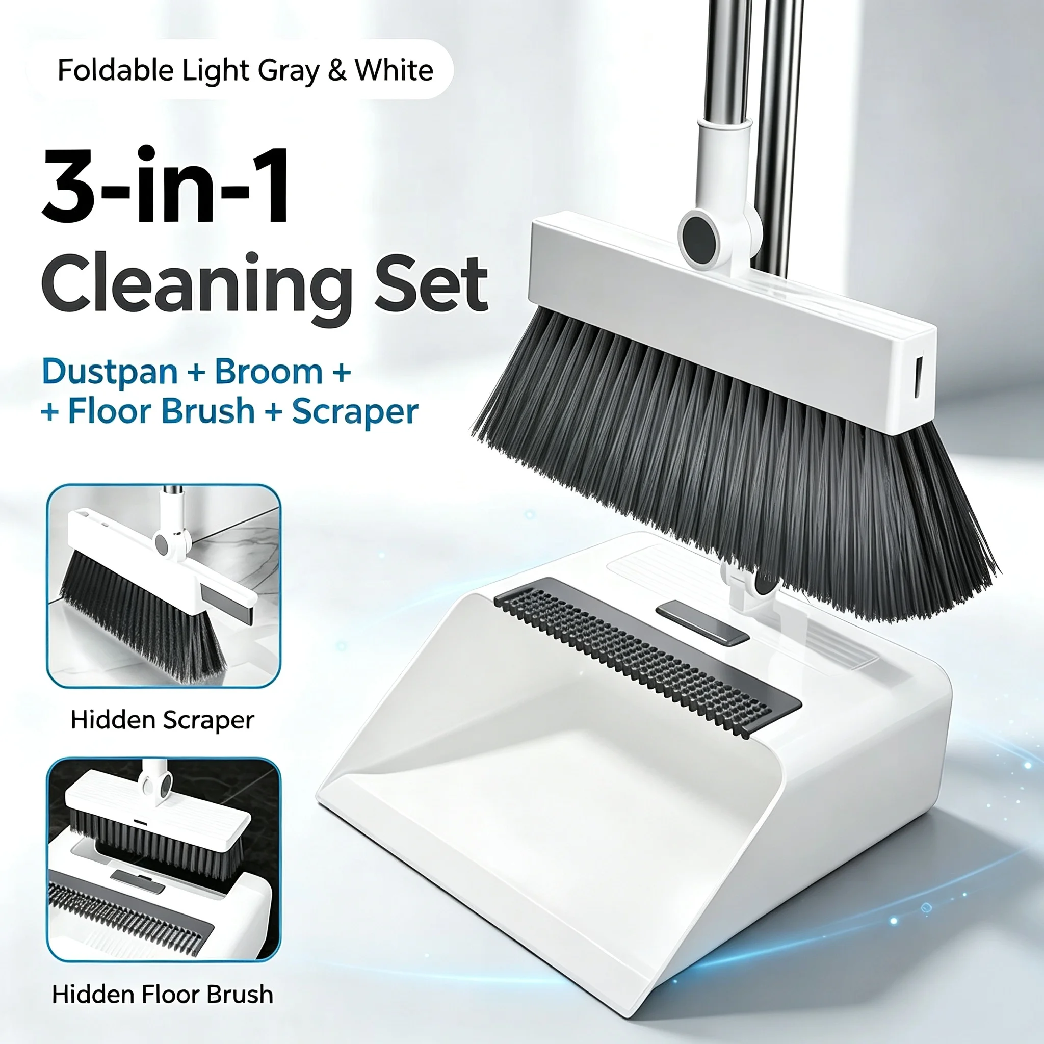 3 in 1 Broom and Dustpan Set Foldable Long Handle Upright Standing Built-in Hair Scraper Floor Brush 180 Rotating Home Kitchen