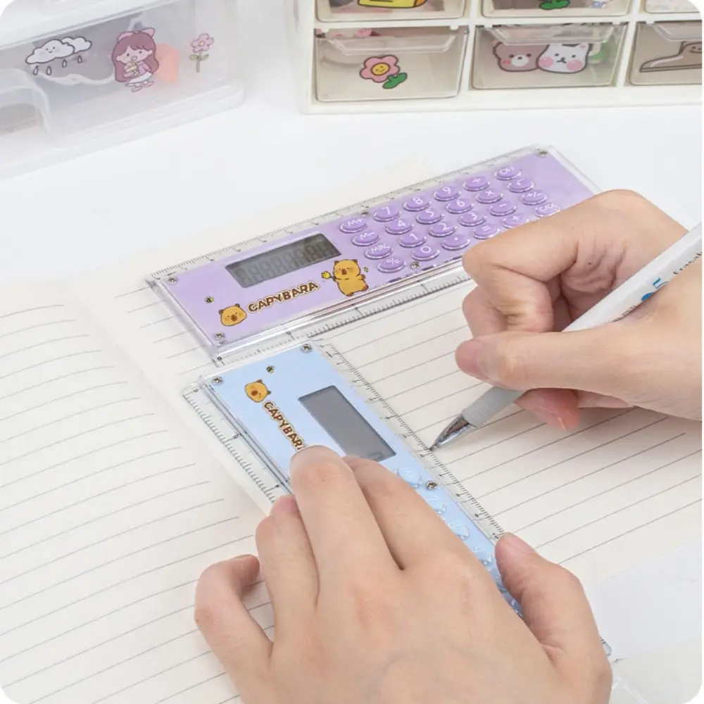 Creative Capybara Ruler Calculator 8-digit Mini Straight Ruler with Silicone Button Silent Type Straightedge School