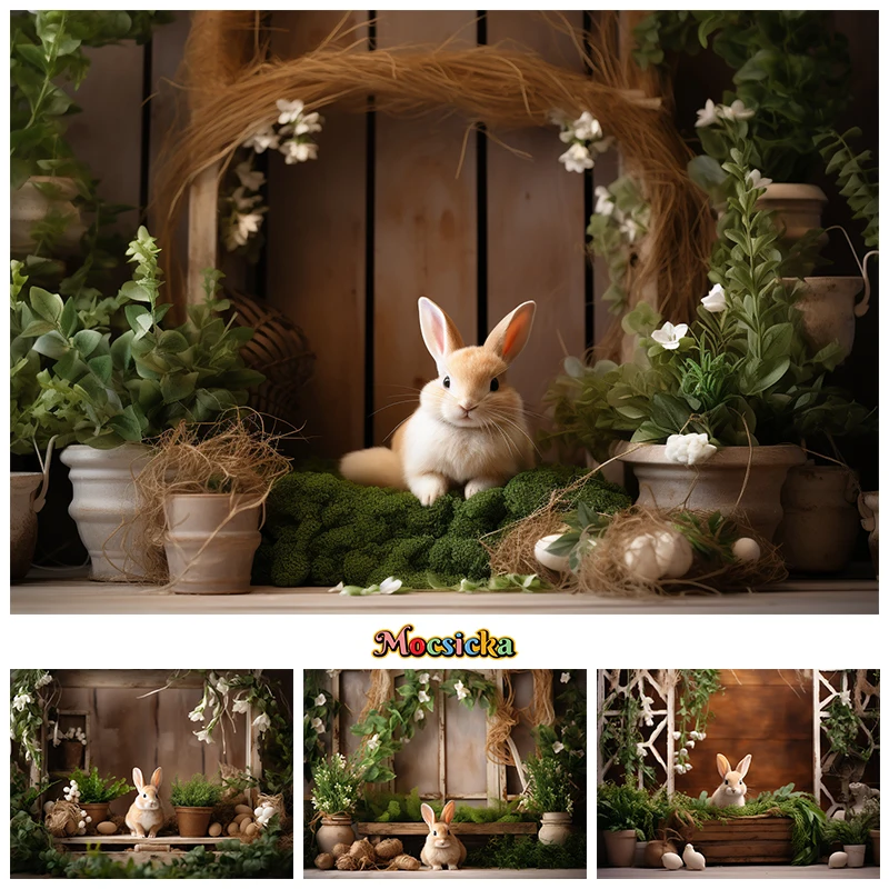 Spring Easter Rabbit Background For Photography Green Plant Flower Baby Shower Girl Birthday Newborn Backdrop Decor Photo Studio