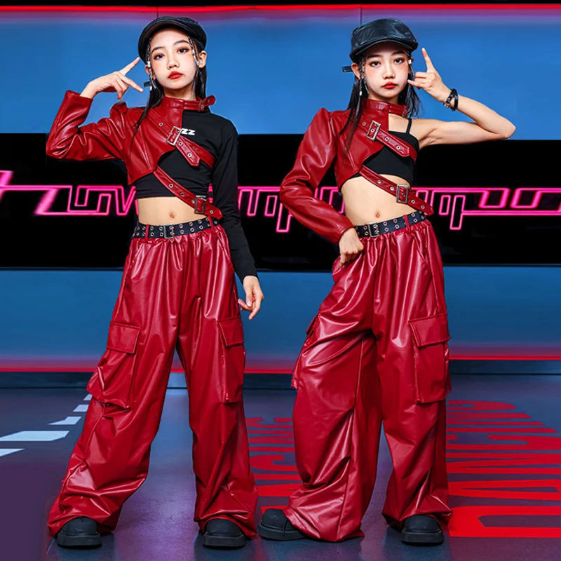 Kids Street Dance Costume Girls Red Hip Hop Set Fashion Runways Show Outfit Kids Dancer Team Stage Wear Jazz Dance Clothing 2388