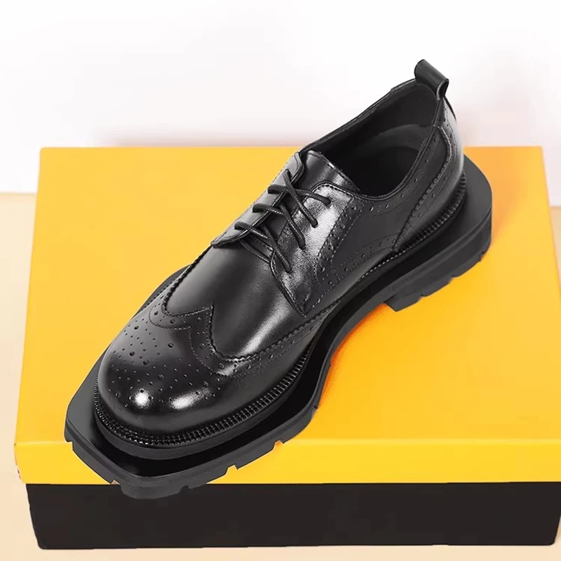 New Fashion Men Derby Shoes Genuine Leather Thick Sole Luxury Dress Shoes Youth Wedding Shoes Office High End Brogue Shoes 