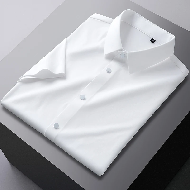 New High Stretch Anti-Wrinkle Men\'s Shirts Short Sleeves Dress Shirts For Men Slim Fit Social Business Blouse White Shirt S-4XL