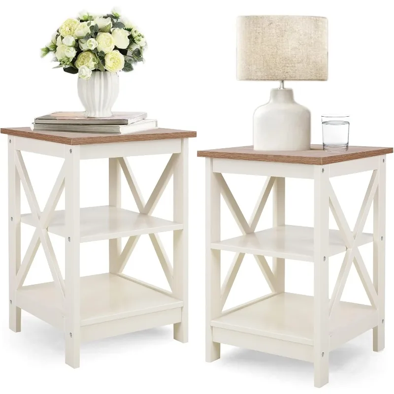 PHI VILLA End Table Living Room Set of 2 - Farmhouse Bed Side Table Nightstands for Bedroom, Ivory White Small Side Table