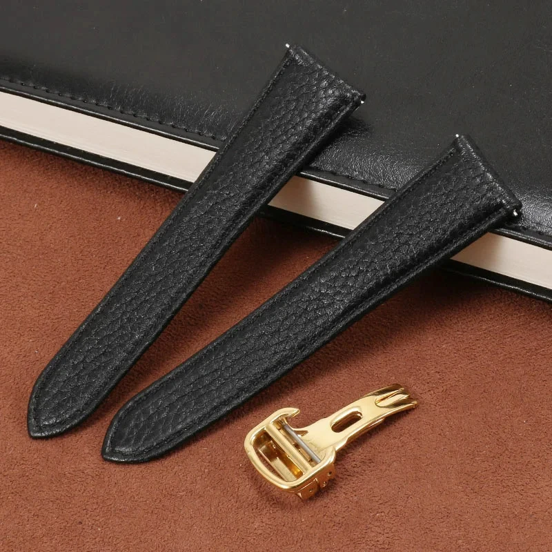 17 23 25mm Watch Strap Black Genuine Leather Wristband Folding Buckle For Cartier Tank Solo Male\'s Watchbands Quick Release