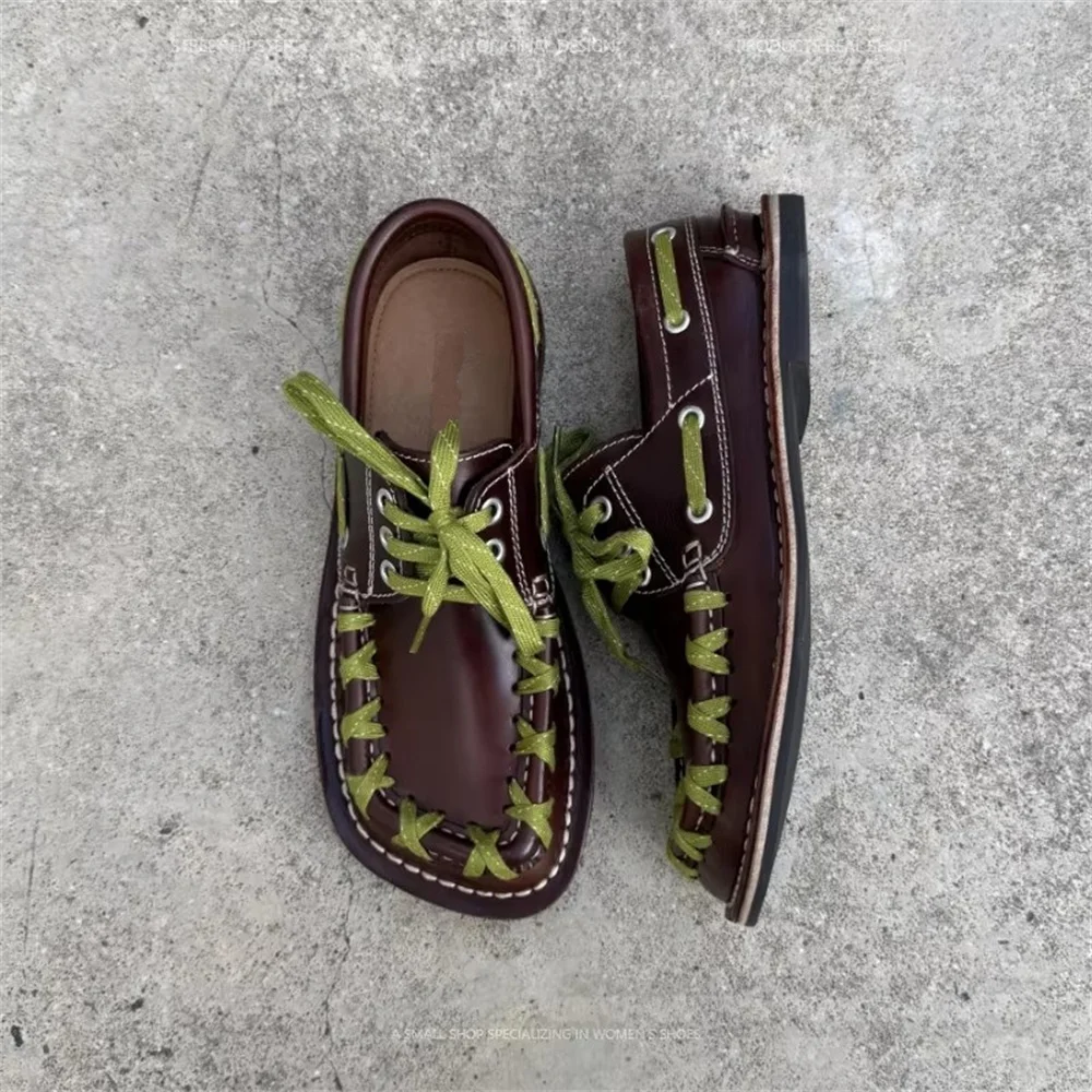 Tie Up Derby Square Toe Leather Shoes for Men Thin Soled Retro Sailing Shoes British Style Lace Up Casual Stitched Loafers