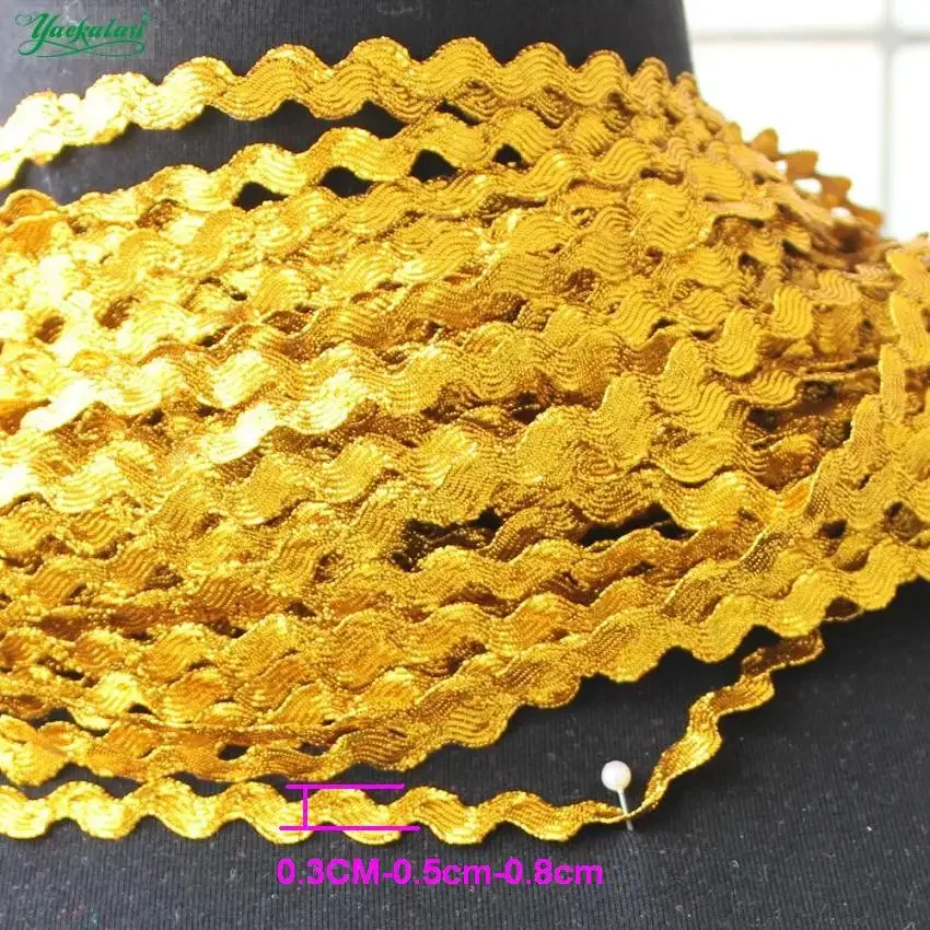 Bright Gold Lace Ribbon 18 Yds S Wave Striped Crochet Tape Braided Band Cosplay Costumes Appliqued Sewing Trims 0.3-0.8CM