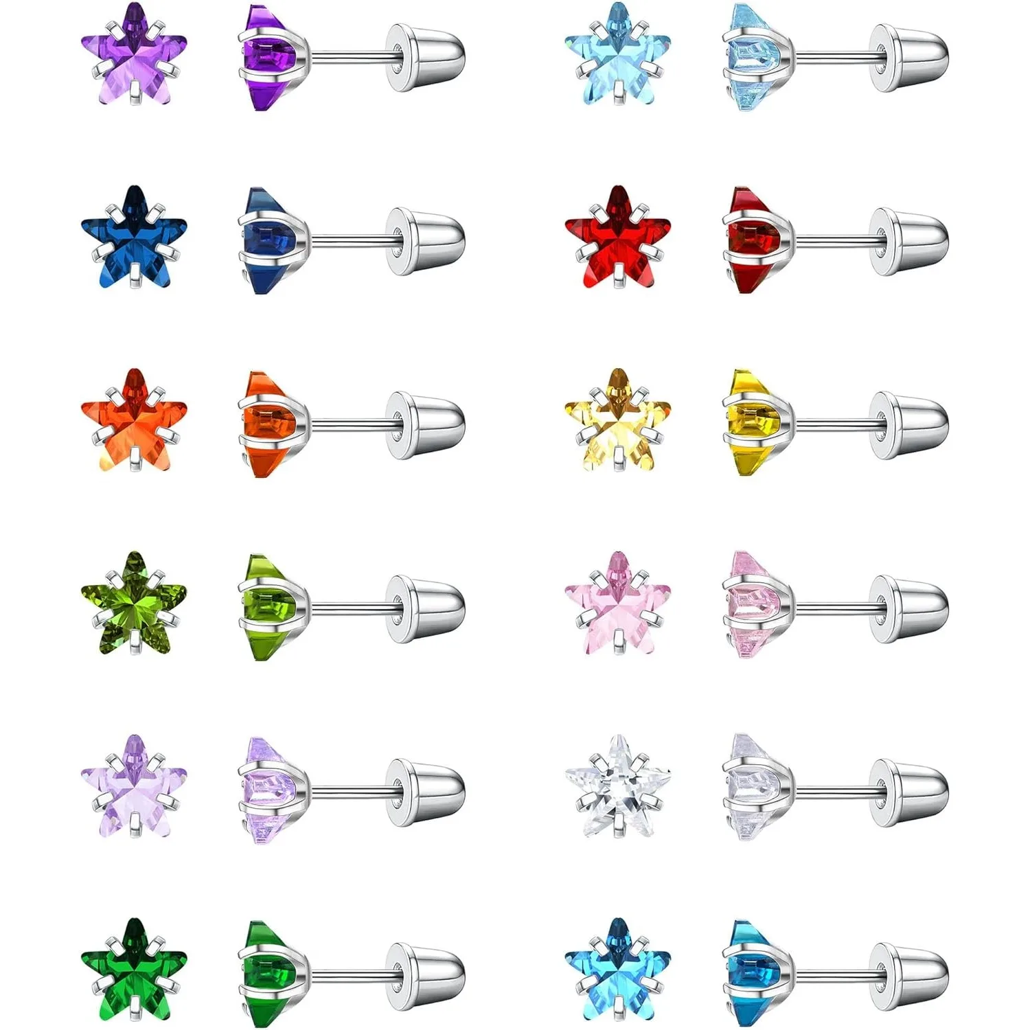 

12 Pairs Birthstone Earrings for Women Surgical Steel Cartilage Stud Earrings Star Multicolored Screw Back Stud Set