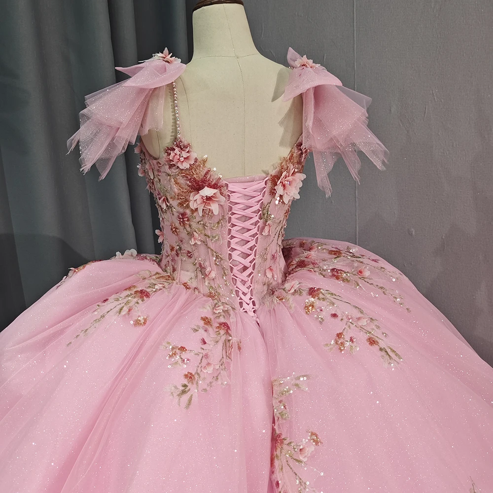 Customized Pink Shiny Suspenders Ball Gown Quinceanera Dresses Off Shoulder Floral Lace Sweet 16 Dress Dy1255