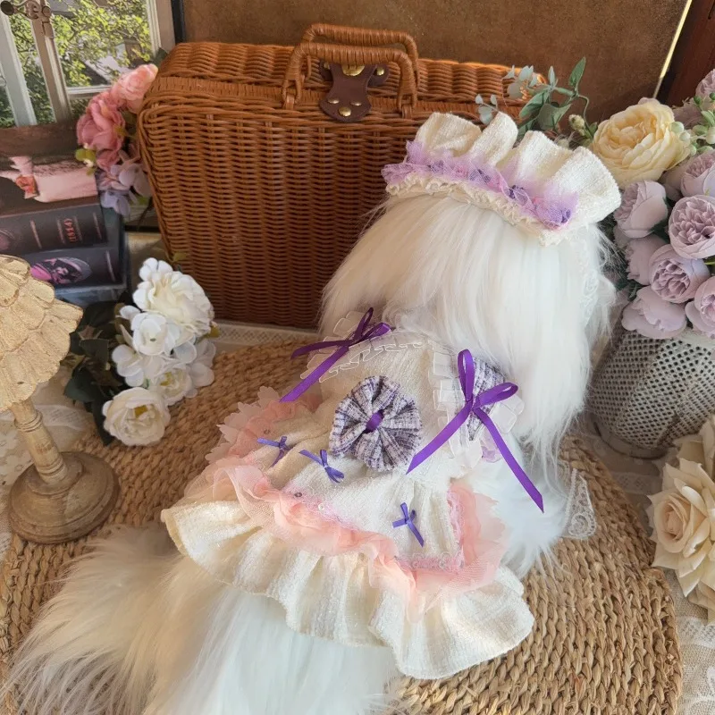 Purple and Pink Tweed Pet Lolita Dress Winter Princess Outfit with Lace Bow Includes Matching Headwear for Small Pets Clothes