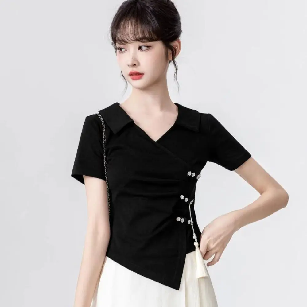 

Tassel Pendant Irregular V-neck T-shirt Lapel Chinese Style Women's Slim Crop Tops Flower Button Streetwear