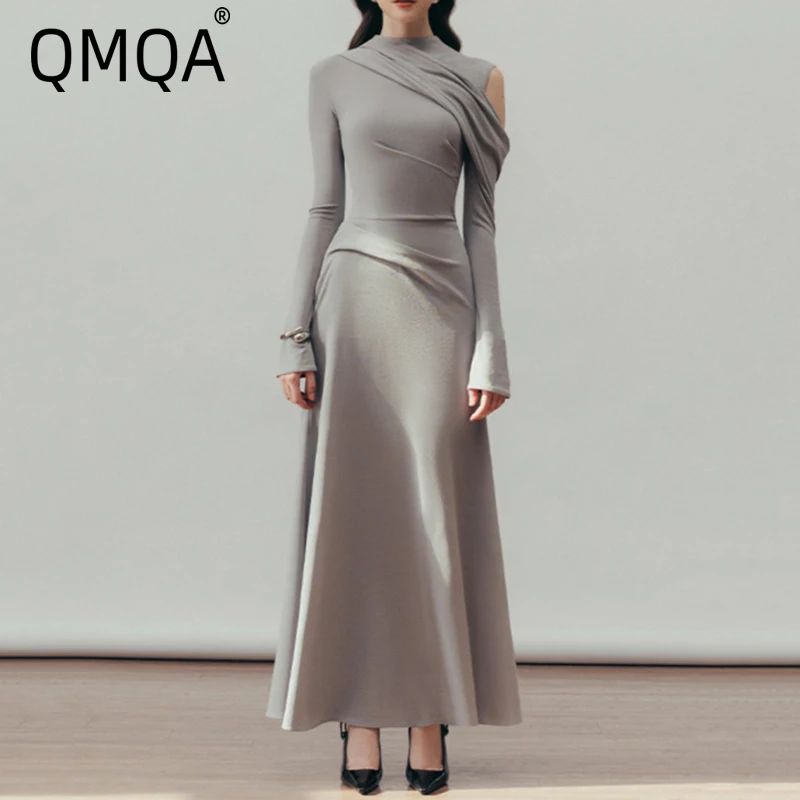 QMQA Fashion Women's Evening Dresses O-neck Hollow Out Design Pleated High Waist Elegant Party Knitted Dress 2025 New 1A648