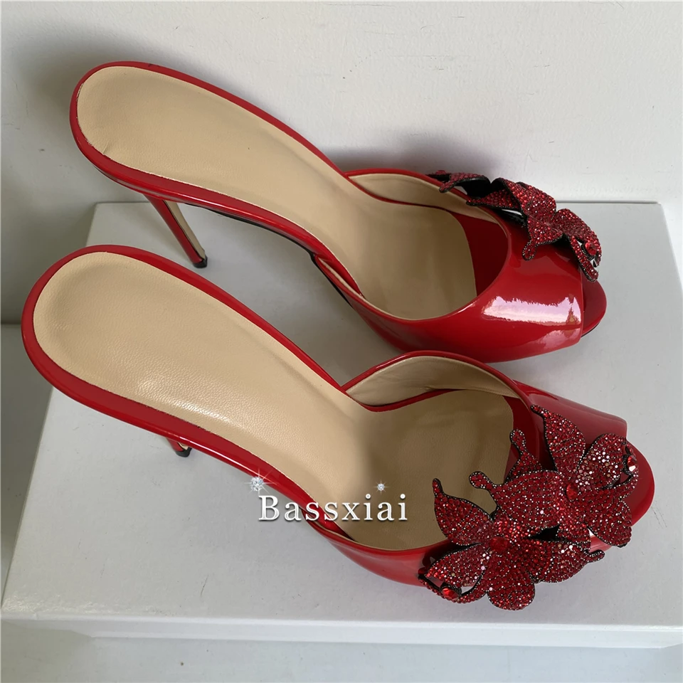 Jeweled Crystal Flower Decor Sandals Women Luxury Patent Leather 10cm Stiletto Heel Slingbacks Summer Mules For Girls