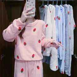 Fleece Pajama Casual Fleece Pajama 2Pcs Pullover Top Elastic Waist Pants Autumn Winter Sweet Cute Strawberry Women Homewear Set