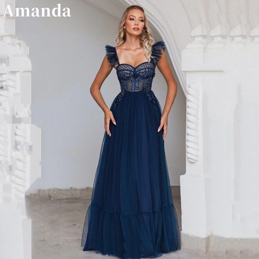 

Amanda Sapphire Blue A-line Prom Dress Elegant Sleeveless فساتين السهرة Plus Size Tulle vestido de festa noite