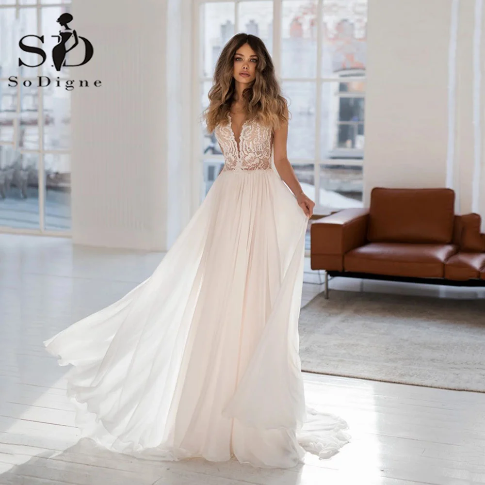 

SoDigne Vintage Sexy Beach Wedding Dresses Elegant V Neck Sleeveless Lace Appliques Illusion Button Bridal Gowns Women Bride