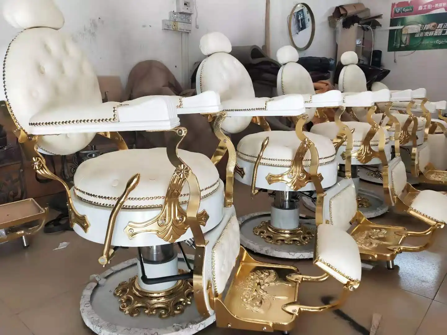 Black Gold Vintage Antique Reclining Salon Furniture for Barber Shop Luxury Synthetic Leather Barber Chair with Hydraulic Pump
