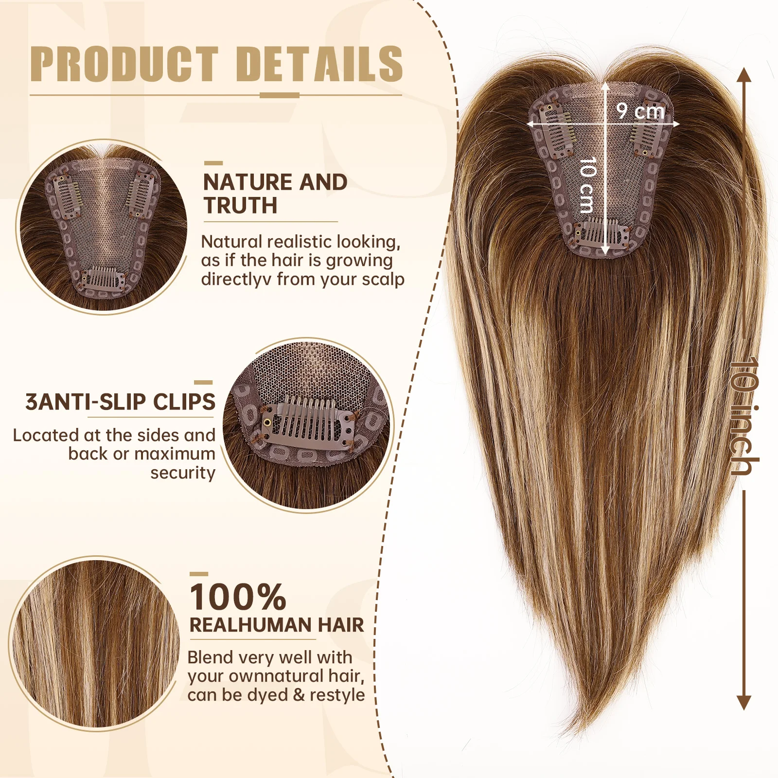 Brown Blonde Highlight 12 Inch Human Hair Toppers Lace Base Clip In Hairpiece for Women 100% Remy Human Hair Extensions