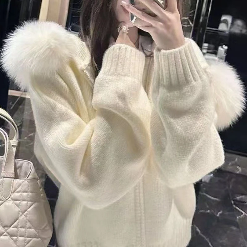 

Women Knitted Cardigan Sweaters Solid Jumper Hooded Zipper Long Sleeve Loose Fit Thick Slight Stretch Elegant Casual 2025 Autumn