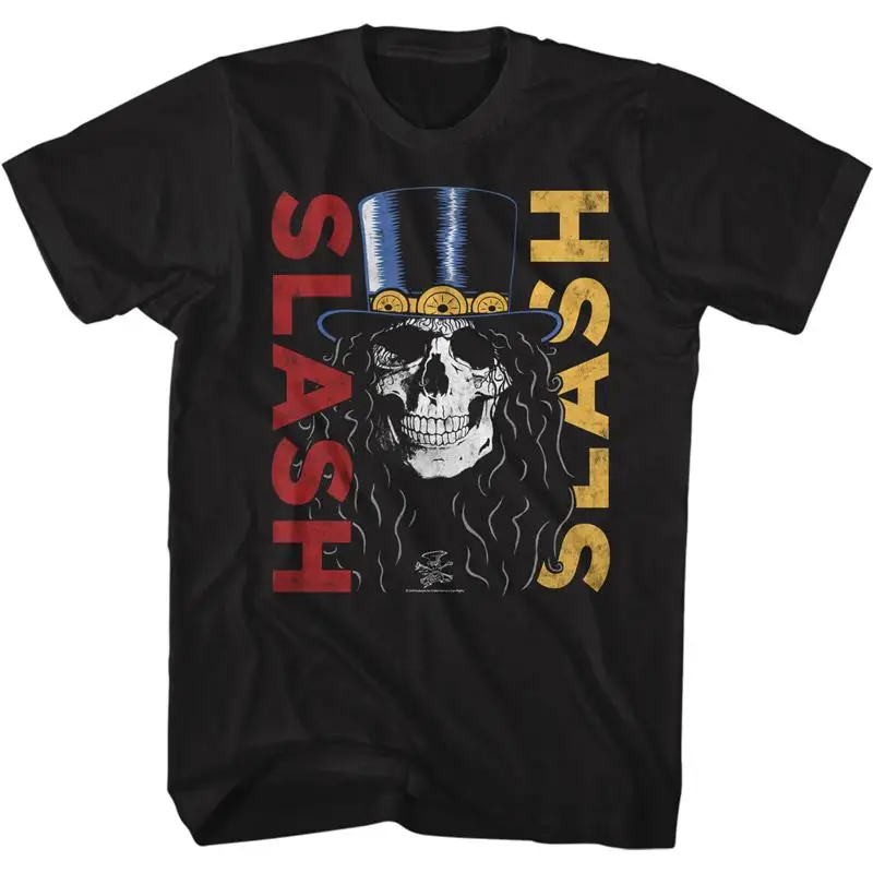 

Slash Long Hair Skull With Top Hat Men's T Shirt Heavy Metal Music Merch