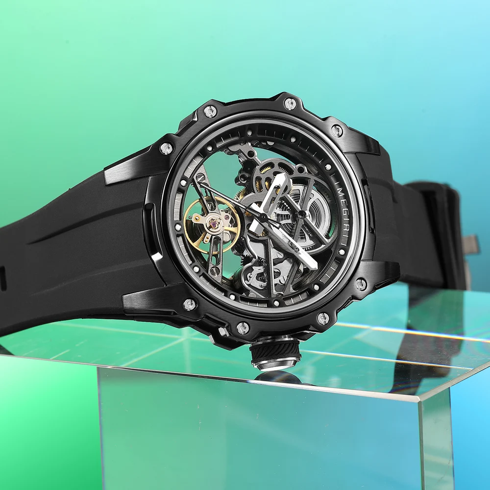 MEGIR 2243 Octagonal Skeleton Auto Watch Men Luminous Dial Stainless Steel Silicone Strap Pin Buckle Luxury Hollow Male Gift image 4