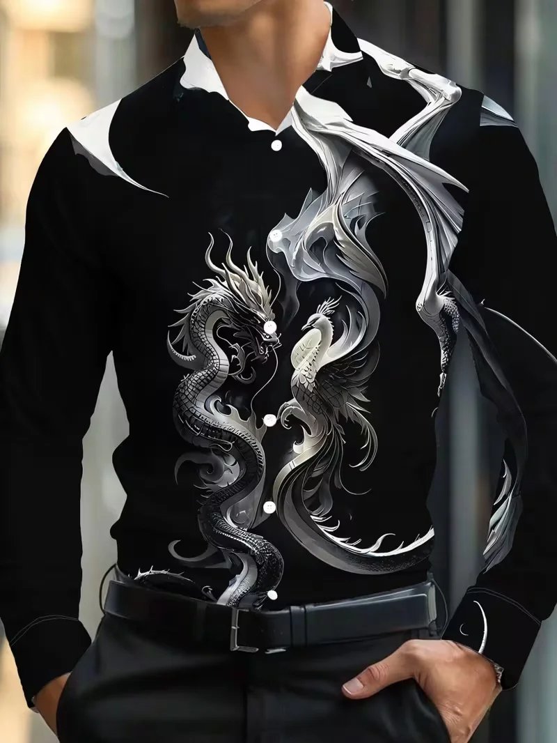 

Новая мужская рубашка с длинными рукавами в китайском стиле с 3D принтом, модный дизайн, повседневная рубашка с лацканами и пуговицами, одежда