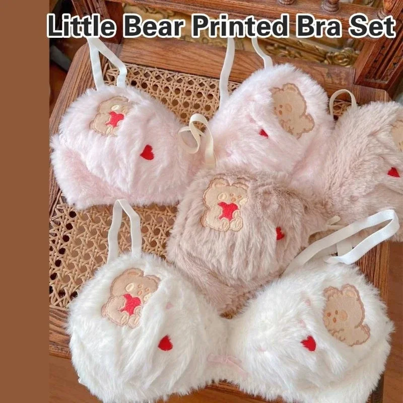 Women's Anime Bear Plush Lingerie Set - Tie Side Panties And Plush Bra Furry Underwear for Adults, Give a gift to  girl