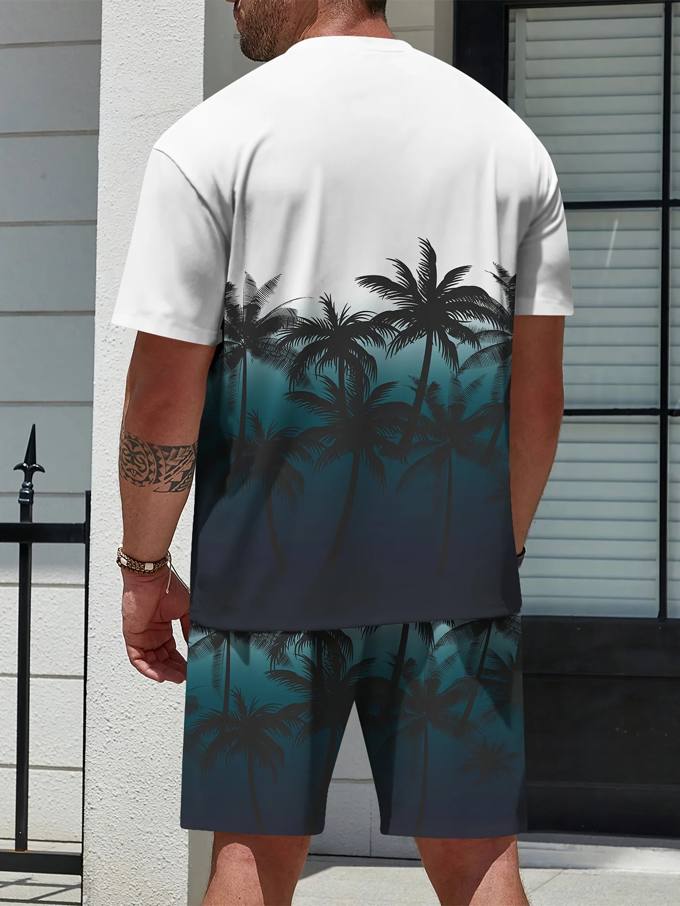 

Men's Summer 3D Luxury Coconut Grove Color Block Print Crew Neck Streetwear Set - Breathable Quick-Dry Vibrant Matching Outfit