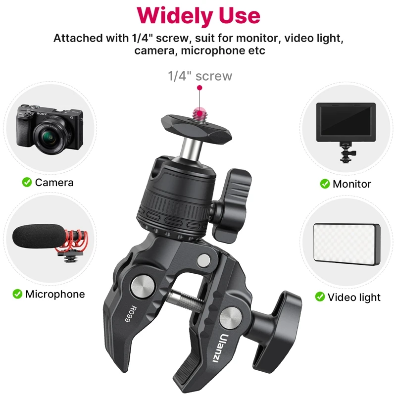 Ulanzi R099 Super Clamp With 360° Mini Ball Head Magic Arm Clip 1/4 Screw Hole for DSLR Camera GoPro Monitor LED Light Mic