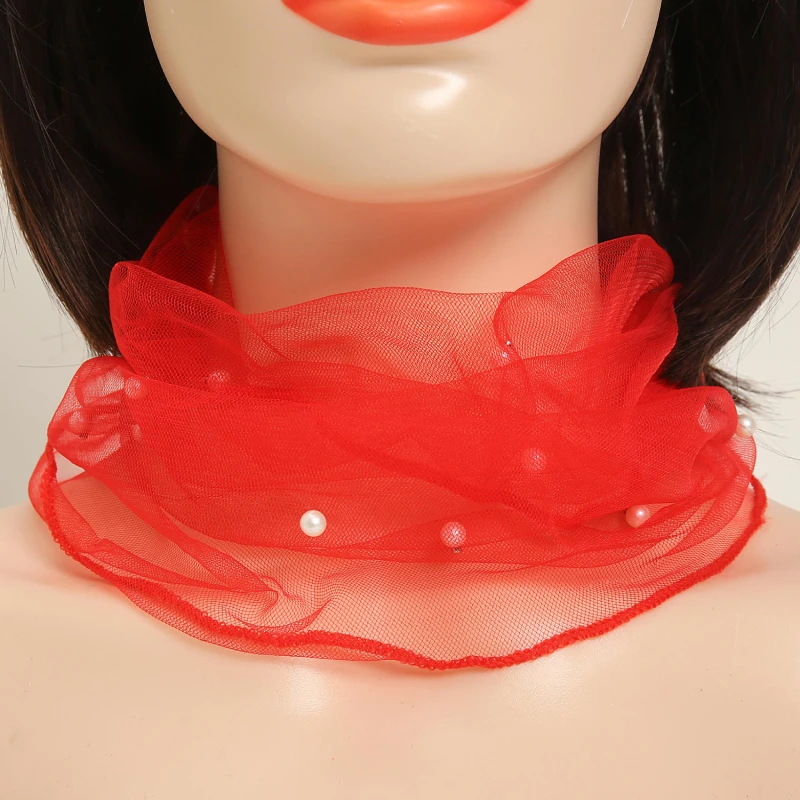 Transparent Lace Beaded Scarf Thin Sunscreen Scarves Organza Elastic Small Neckerchief Mesh Fake Pearl Collar Elegant Scarf