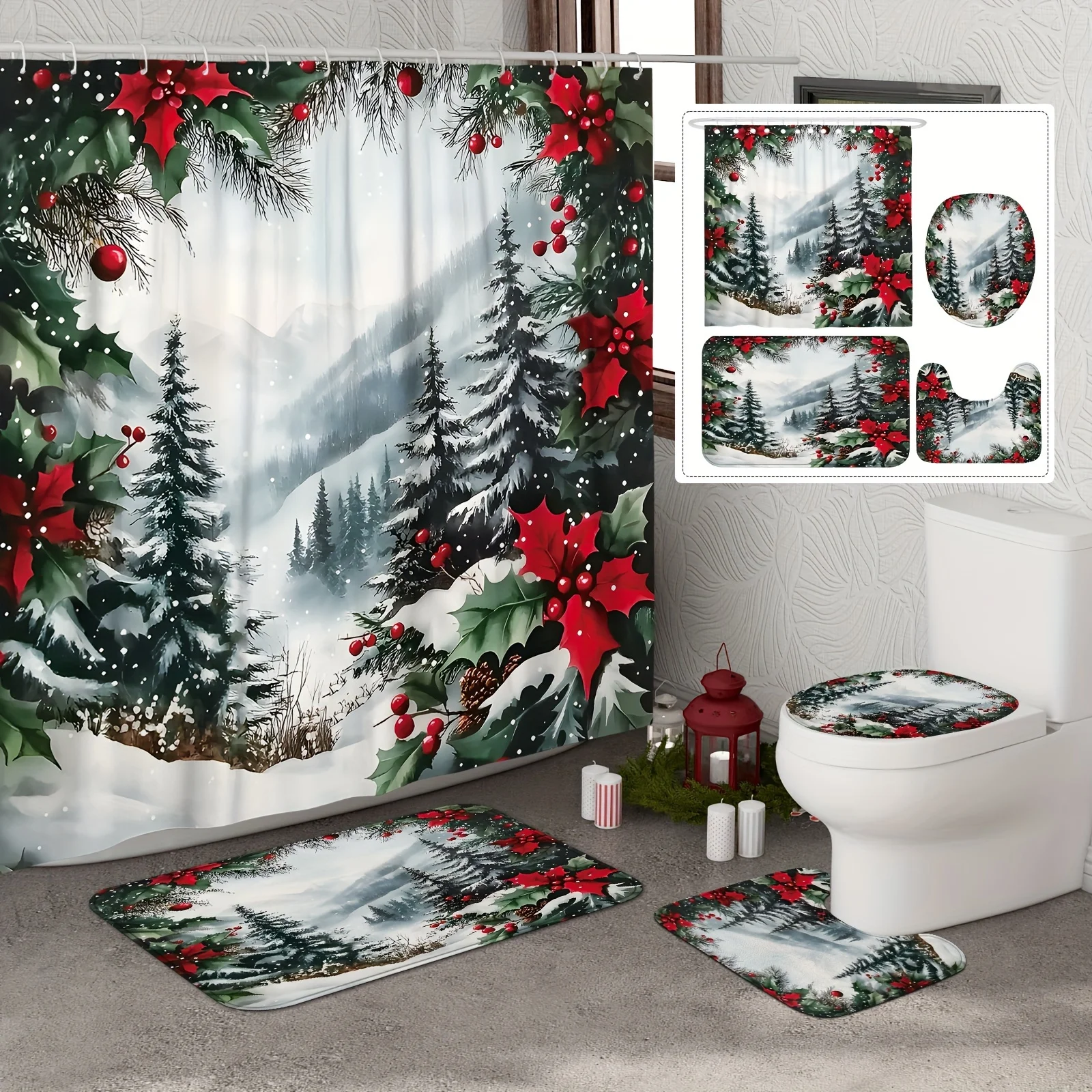 4Pcs Xmas Winter Bath Set, Pine Tree Red Green, Washable Polyester, 12 Hooks, Non-Slip Mat, U-Shaped Toilet Cover
