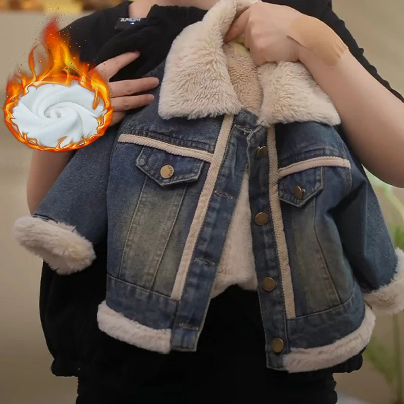 

Boys Girls Thick Denim Jackets Children's Plush Velvet Winter Warm Coats New Padded Outerwear Kids Fleece-lined Casual Clothing