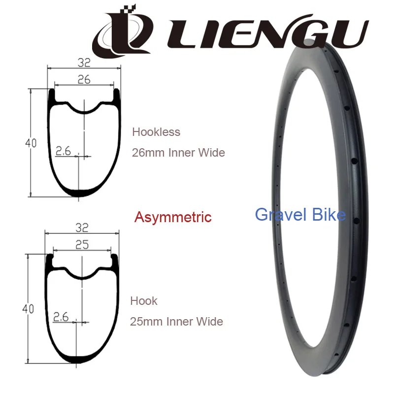 

Gravel Bike Carbon Rim 700C Asymmetry CX 40mm Depth 32mm Width Hook 25mm Hookless 26mm Inner Wide Cyclo-cross Bicycle 700