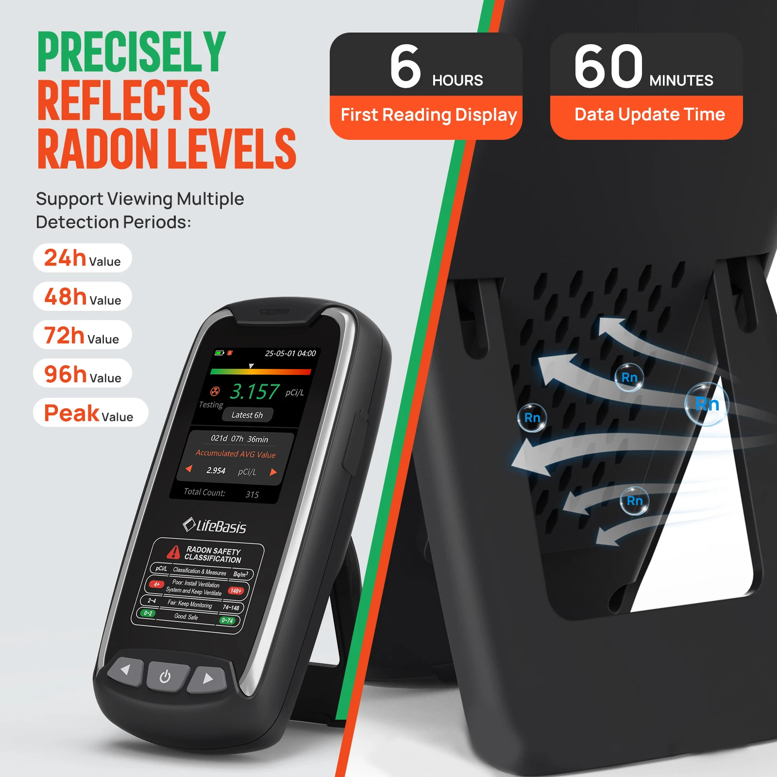 Radon Detector Draagbare Radon Gas Tester Met 0,09 - 1000 pCi/L Type-C Opladen LCD-scherm voor Thuis Milieu Monitoring