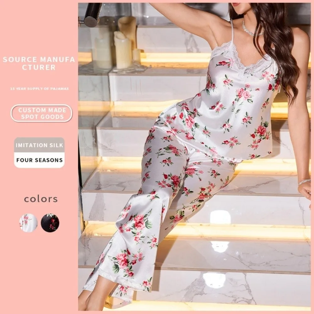 Satin Ice Silk Women's Printed Pajamas Set Floral Printed Lace-Trimmed V-Neck Ice Silk Suspender Sleepwear Thin