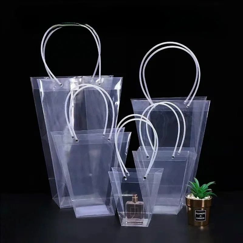 Transparent Trapezoidal Handbag PVC Plastic Waterproof Hand Gift Portable Bag PP Flower Bag Flower Shop Bouquet Gift Package