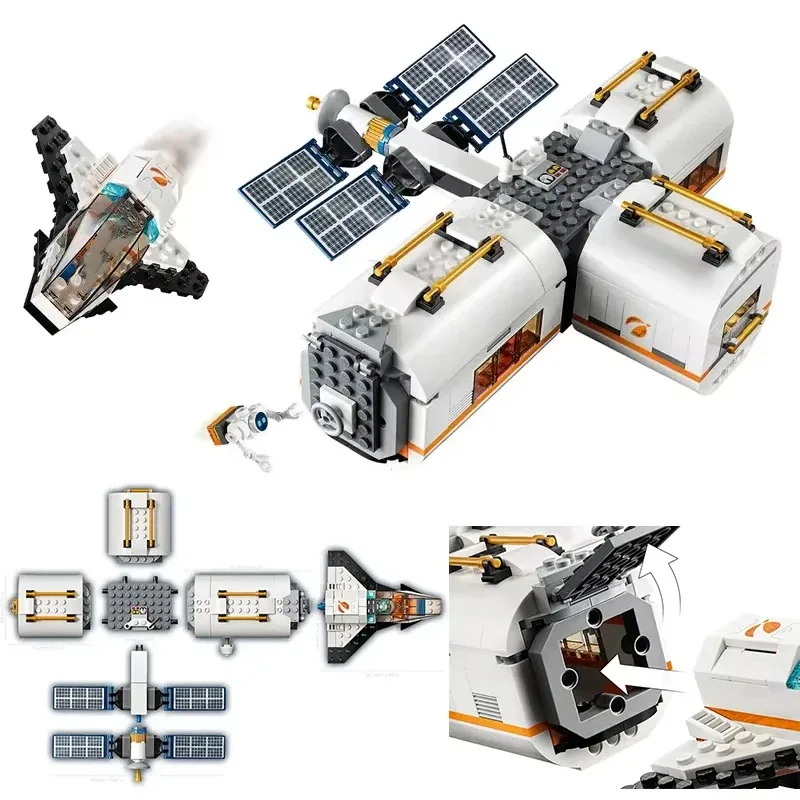 Conjuntos MOC compatibles con bloques de construcción de la serie City, estación satélite espacial Lunar, juguetes de montaje espacial de la NASA para niños 60227