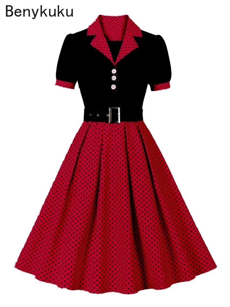 Vestido Rockabilly de verano de dos tonos con cuello con muescas para mujer, ropa Vintage elegante con cinturón y botones, 2024