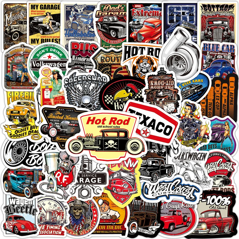 50pcs Vintage Car Hot Rod Stickers Pack Suitcase Guitar Phone Case Laptop Sticker DIY Scrapbooking Supplies Journal Accessories