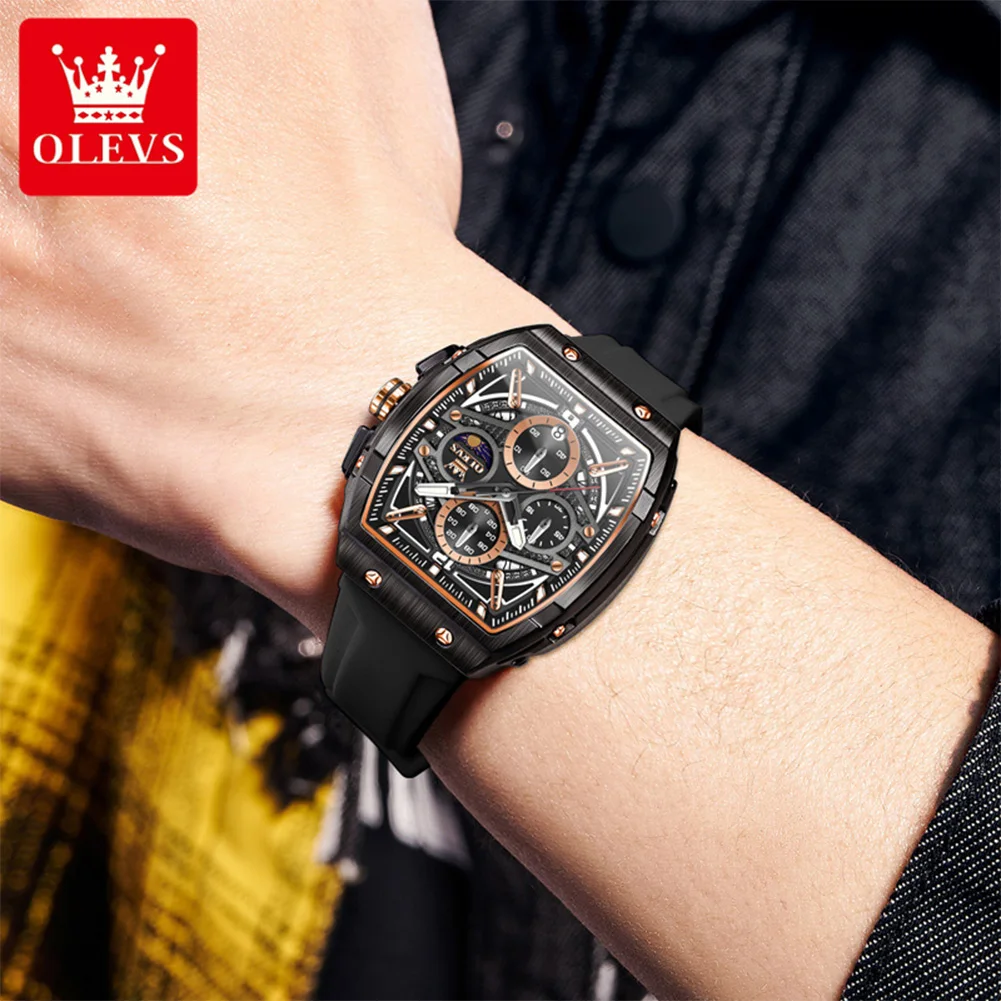 OLEVS 2975 ساعة رجالي أصلية فاخرة Tonneau ساعة كوارتز مجوفة مقاوم للماء سيليكون ماركة ساعة رجالية ساعة رياضية خارجية
