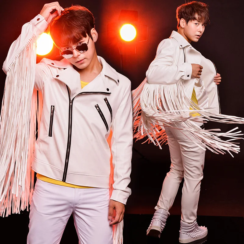 Men Jackets And Coats Singer Nightclub Bar Drum Dj Performance Clothing Tassel Leather Pants Suit Stage Costumes For Singers