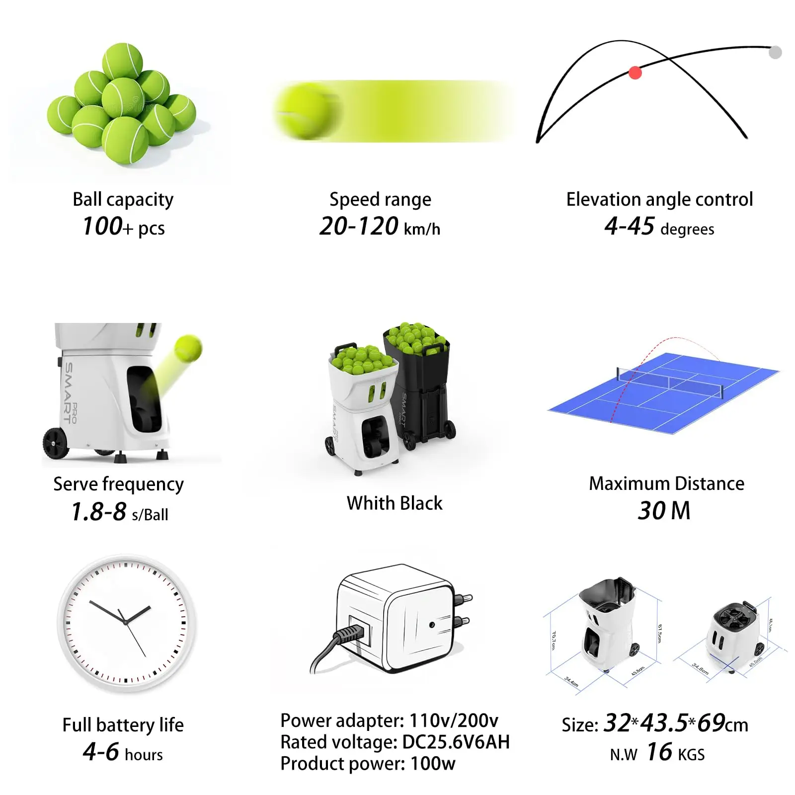 آلة كرة التنس PT-SAMRT Pro-Internal Spin - التحكم الذكي في التطبيقات - سعة 100+ كرة - معدات التدريب الاحترافية - حقيقية