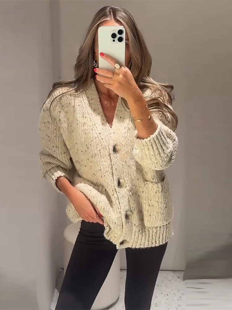 

Casual Speckled Knitted Cardigan Women Full Sleeve V-neck Single Breasted Pocket Sweater Female 2025 Autumn Fashion Lady Outwear