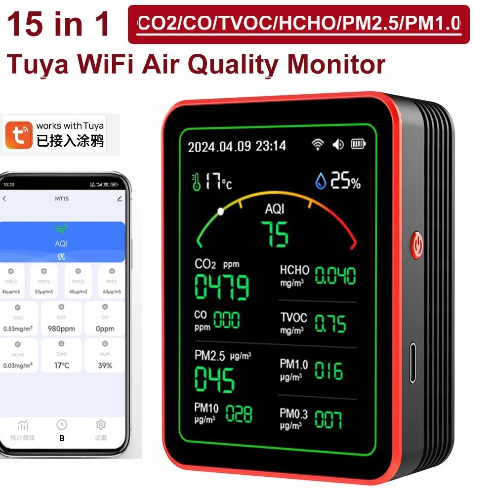 

Tuya WiFi 15 в 1, монитор качества воздуха, TFT-дисплей, портативный AQI CO2 CO PM2.5 PM10 PM0.3 TVOC HCHO, детектор управления бытовым приложением